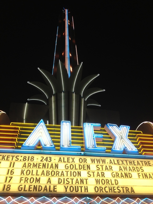 The grand Alex Theatre identification sign.