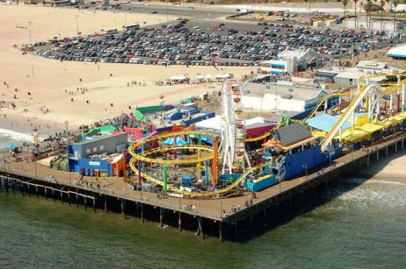 This ariel view of the Santa Monica Pier shows the small amusement park. This space is a welcomed break for local residents from the hustle of Los Angeles.